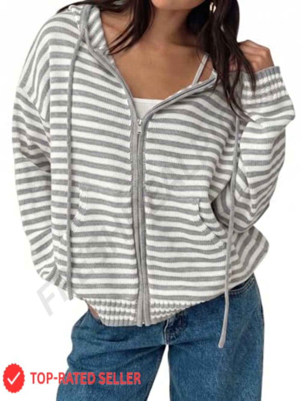 Oversized Striped Zip Hoodie Cardigan Crop Sweater Jacket